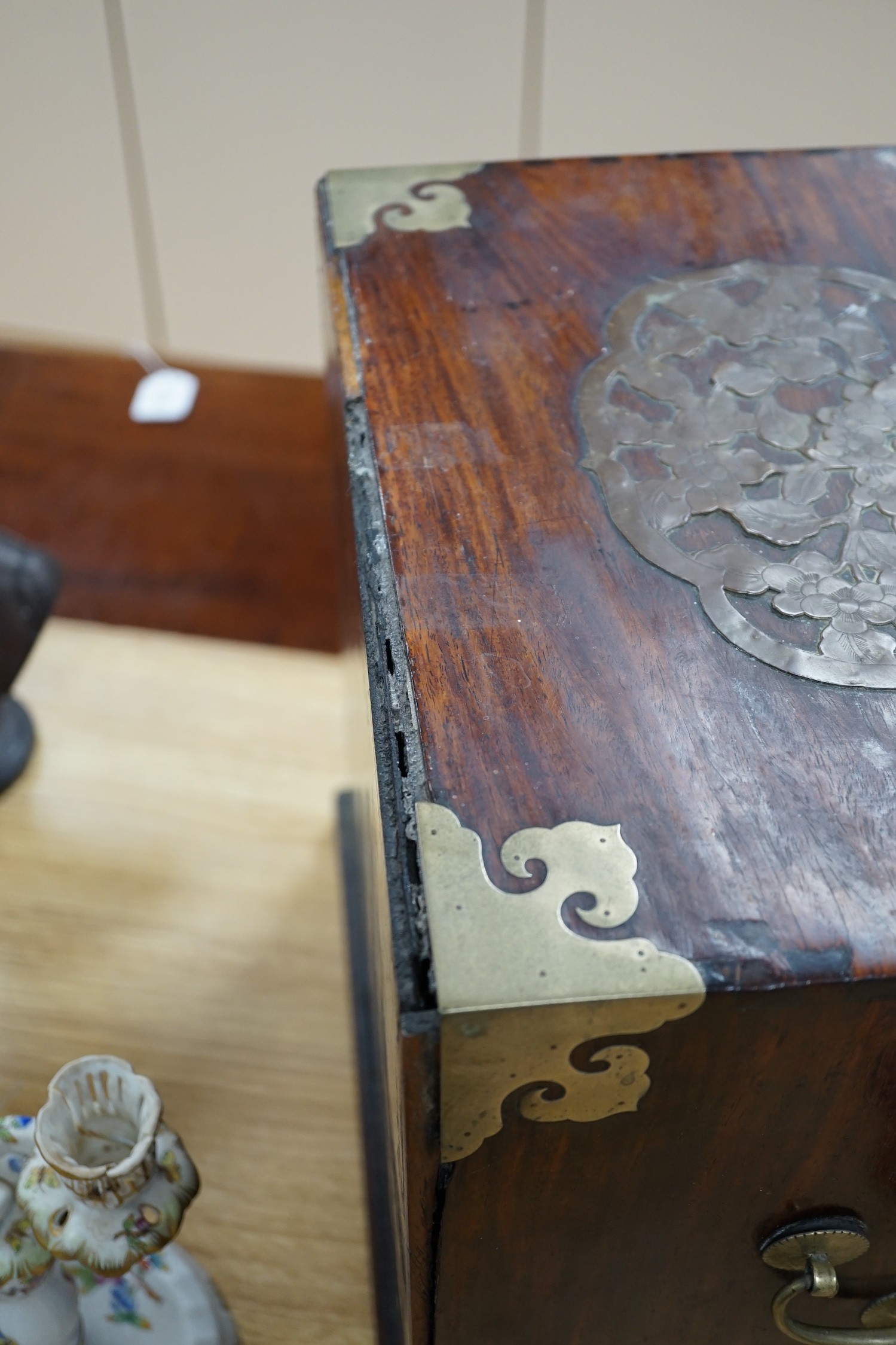 A Chinese brass mounted huanghuali and hardwood seal cabinet, Qing dynasty